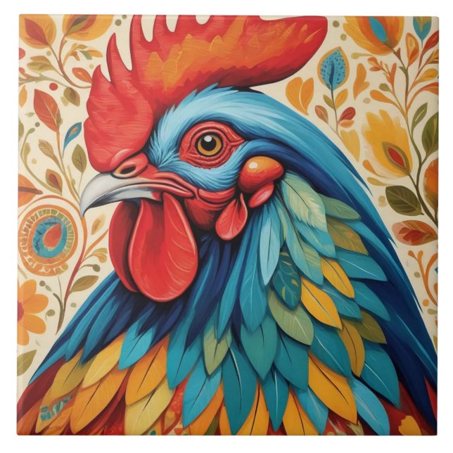 Rustic Country Folk Rooster Chicken Ceramic Tile (Front)