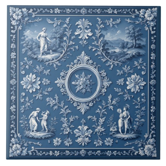 Rustic Country French Toile Heritage Pastoral Blue Ceramic Tile (Front)