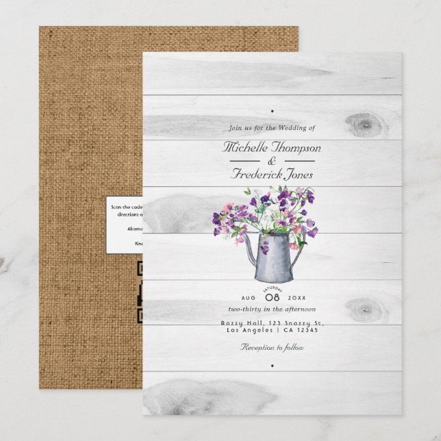 Rustic Country Garden Floral QR Code RSVP Wedding Invitation (Front/Back)