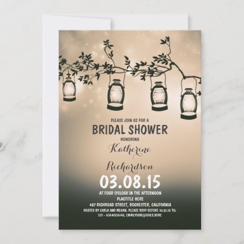 rustic country garden lights bridal shower invitation - beige brown rustic country bridal shower invitations with garden lights - oil lanterns hanging on the tree branch. Modern yet vintage elegant invite for outdoor bridal shower with trees and string lights.