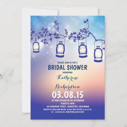 rustic country garden lights bridal shower invitation - royal blue rustic country bridal shower invitations with garden lights - oil lanterns hanging on the tree branch. Modern yet vintage elegant invite for outdoor bridal shower with trees and string lights.