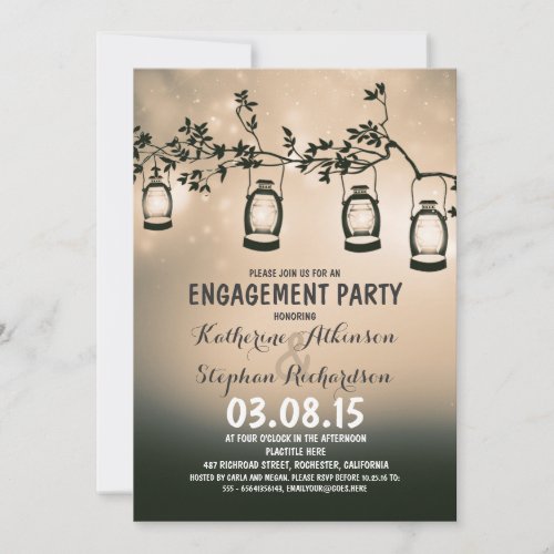 rustic country garden lights engagement party invitation - beige brown rustic country engagement party invitations with garden lights - oil lanterns hanging on the tree branch. Modern yet vintage elegant invite for outdoor engagement party with trees and string lights.
