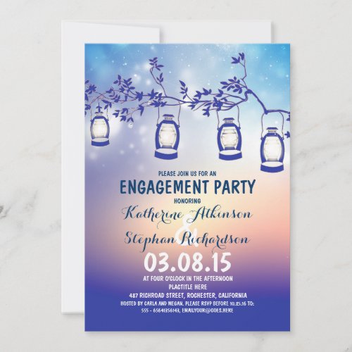 rustic country garden lights engagement party invitation - royal blue rustic country engagement party invitations with garden lights - oil lanterns hanging on the tree branch. Modern yet vintage elegant invite for outdoor engagement party with trees and string lights.