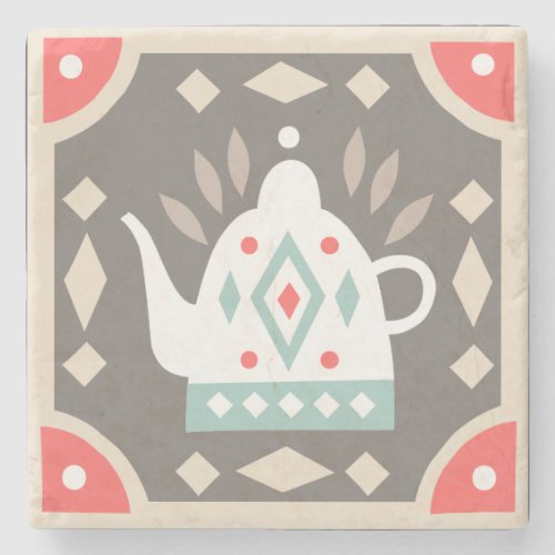 Rustic Country Geometric Colorful Tea Kettle Stone Coaster