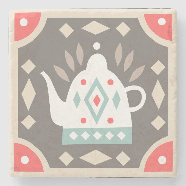 Rustic Country Geometric Colorful Tea Kettle Stone Coaster (Front)