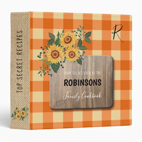 Rustic country gingham family monogram cookbook 3 ring binder