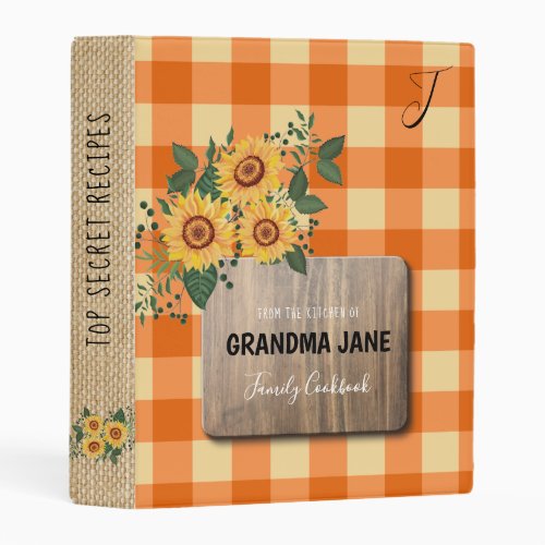 Rustic country gingham grandma monogramed cookbook mini binder
