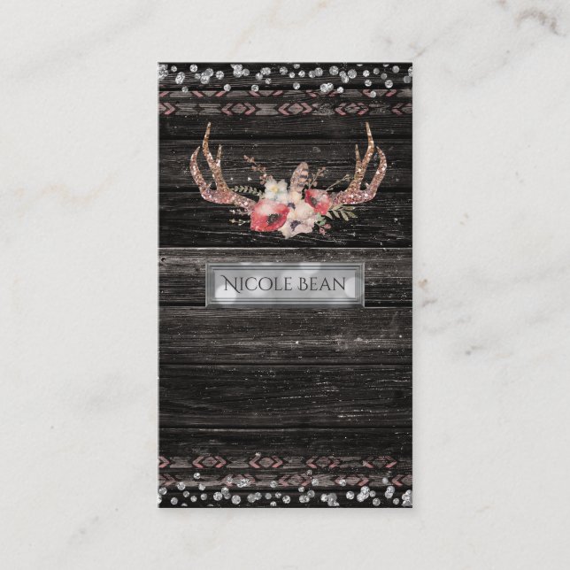 Rustic Country Glam Flowers & Antlers Boho Chic Business Card (Front)
