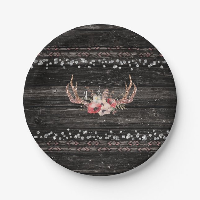 Rustic Country Glam Flowers & Antlers Boho Chic Paper Plates (Front)