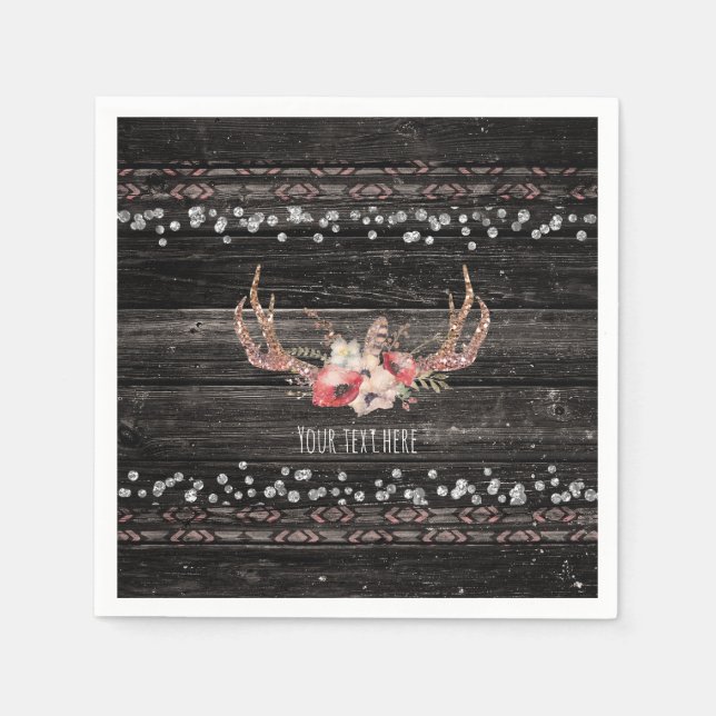 Rustic Country Glam Flowers & Antlers Chic Boho Paper Napkins (Front)