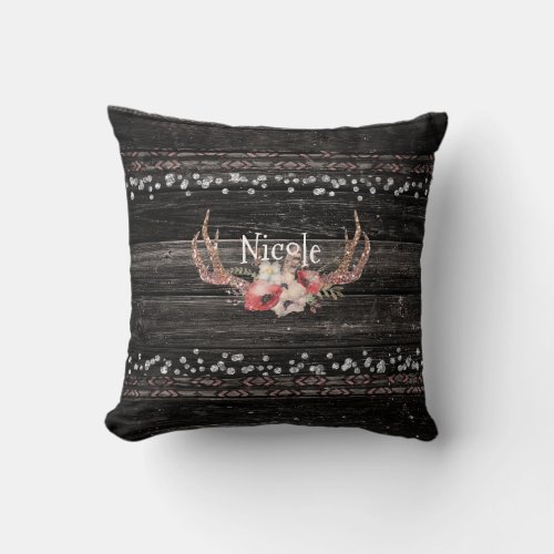 Rustic Country Glam Flowers  Antlers Chic Boho Throw Pillow