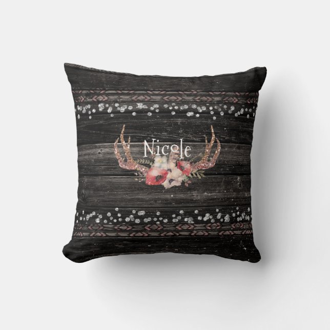 Rustic Country Glam Flowers & Antlers Chic Boho Throw Pillow (Front)