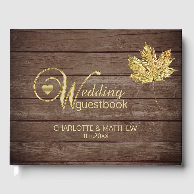 Rustic Country Gold Leaf Fall Autumn Wedding Guest Book (Front)