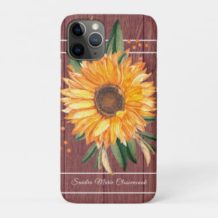 Rustic Country Golden Sunflower Brown Wood  iPhone 11 Pro Case