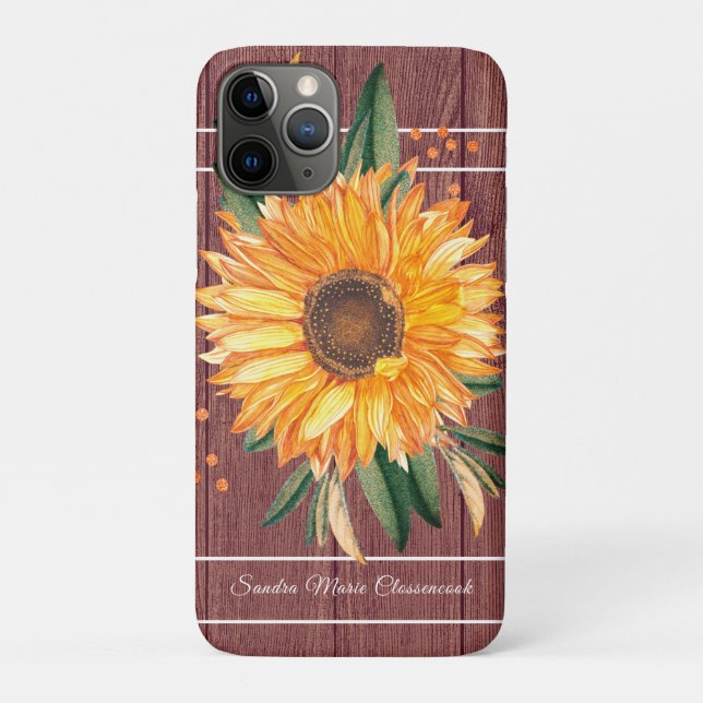 Rustic Country Golden Sunflower Brown Wood  Case-Mate iPhone Case (Back)