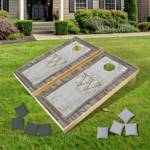 Rustic Country Gray Wood and Ivey Monogram Cornhole Set