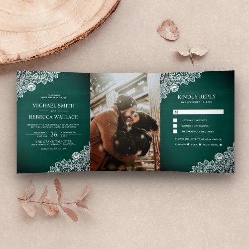 Rustic Country Green Wood Lace Wedding Photo Tri_Fold Invitation