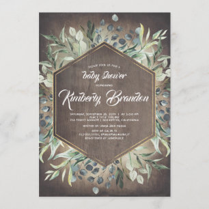 Rustic Country   Greenery Gold Frame Baby Shower Invitation