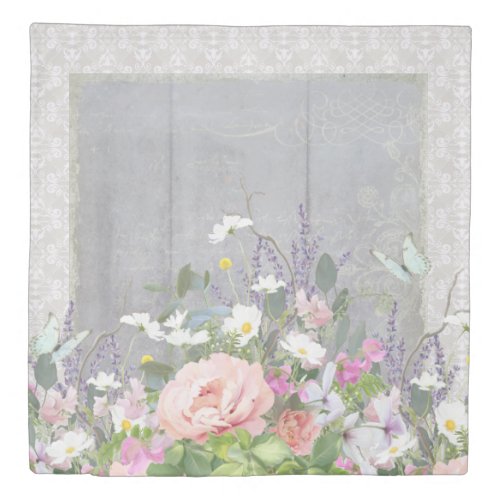 Rustic Country Grey Pink Peony Daisies n Butterfly Duvet Cover