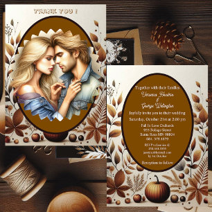 Rustic Country Grunge Brown Fall Pumpkins Wedding Invitation