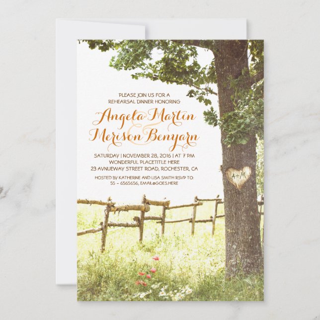 rustic country heart tree rehearsal dinner invitation (Front)