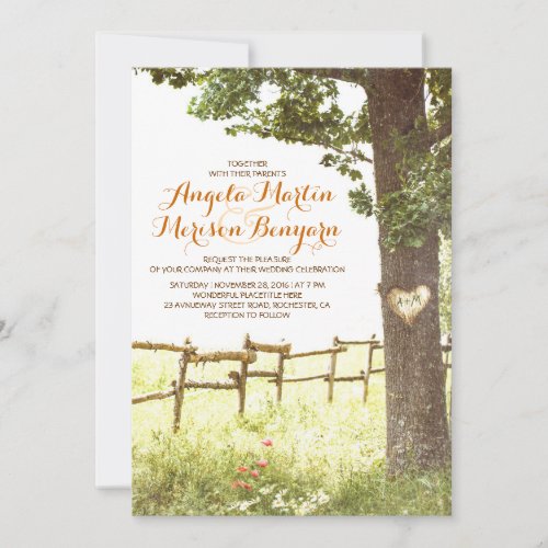 rustic country heart tree wedding invitation