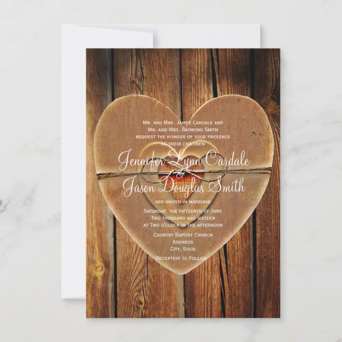 Rustic Country Wood Burlap & Twine Heart Wedding Invitations 50 