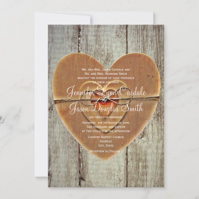 Rustic Country Hearts Barn Wood Wedding Invitation (Front)