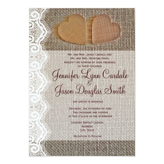 Rustic Country Hearts Burlap Lace Wedding Invites