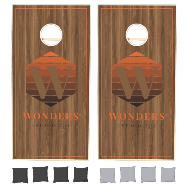 Rustic Country Hexagon Wooden Family Name monogram Cornhole Set