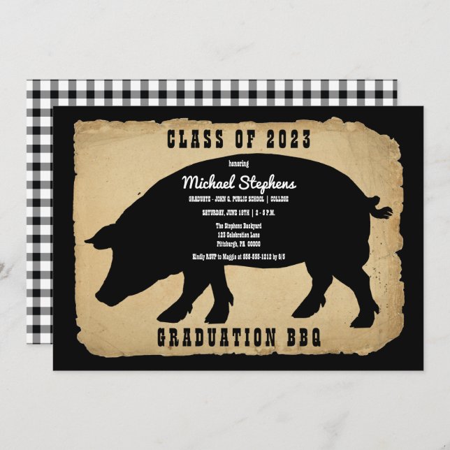 Rustic Country Hog Graduation Party - Backyard BBQ Invitation (Front/Back)