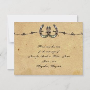 Rustic Country Horseshoe Barbed Save The Date by NoteableExpressions at Zazzle