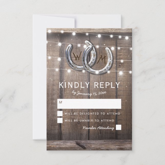 Rustic Country Horseshoe Barn Lights Wedding RSVP Card (Front)