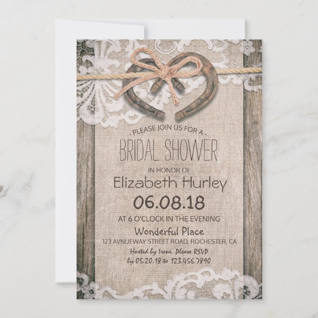 Rustic Country Horseshoe Burlap Lace Bridal Shower Invitation (Front)