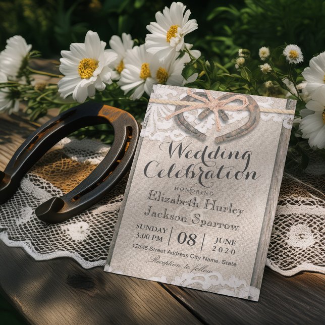 Rustic Country Horseshoe Burlap Lace Wedding Invitation (Creator Uploaded)