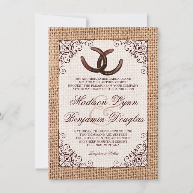 Rustic Country Horseshoe Burlap Wedding Invitation (Front)