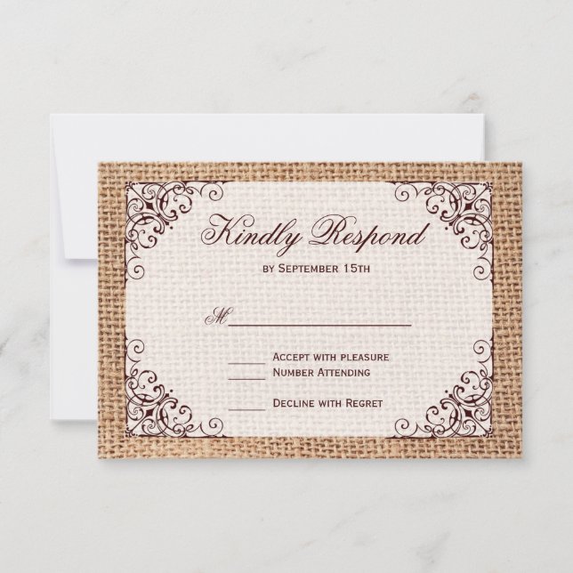 Rustic Country Horseshoe Burlap Wedding RSVP Cards (Front)