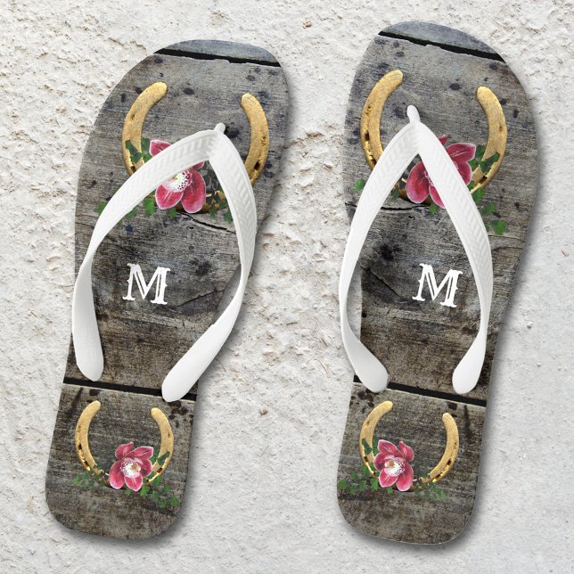 Rustic Country Horseshoe Romantic Flip Flops (Romantic design flip flops featuring gold painted horse shoes with flowers on rustic wood - bridal)