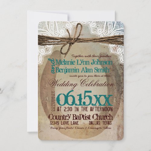 Rustic Country Horseshoe Teal Wedding Invitations
