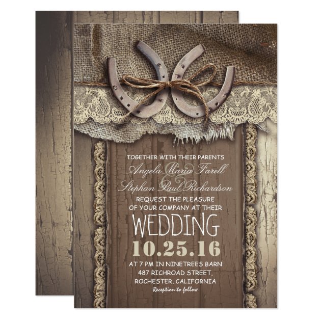 Rustic Country Horseshoes And Burlap Lace Wedding Invitation