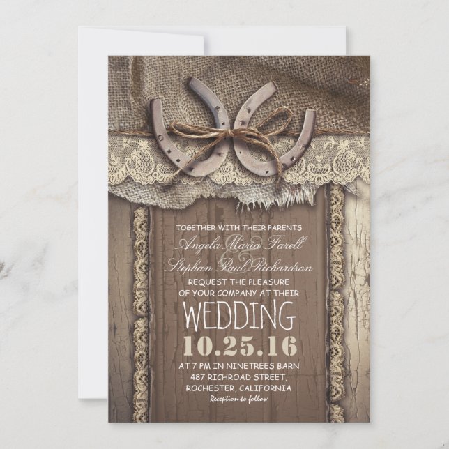 Rustic Country Horseshoes and Burlap Lace Wedding Invitation (Front)