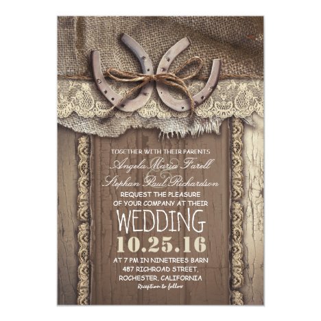 Rustic Country Horseshoes and Burlap Lace Wedding Invitation