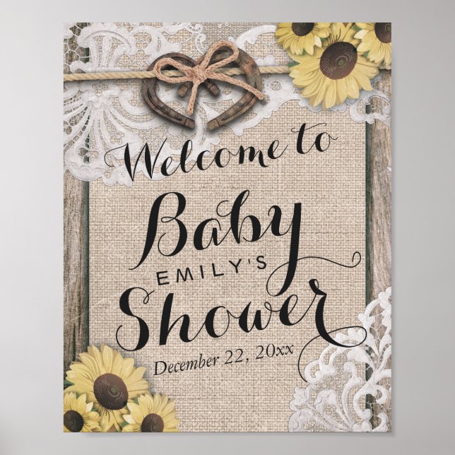 Rustic Country Horseshoes Baby Shower Welcome Sign (Front)