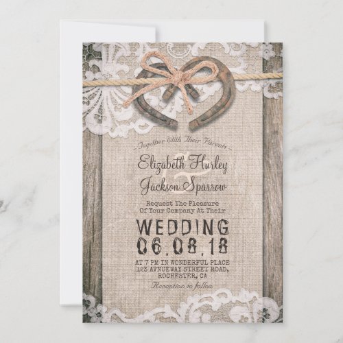 Rustic Country Horseshoes Burlap Lace Barn Wedding Invitation