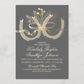Rustic Country Horseshoes Gold and Grey Wedding Invitation
