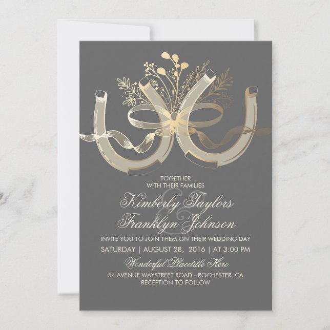 Rustic Country Horseshoes Gold and Grey Wedding Invitation (Front)