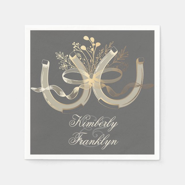 Rustic Country Horseshoes Gold and Grey Wedding Paper Napkins (Front)