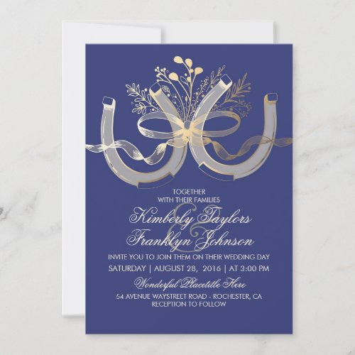 Rustic Country Horseshoes Gold and Navy Wedding Invitation