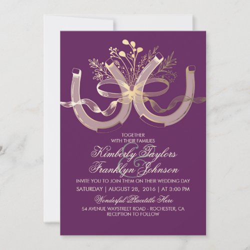 Rustic Country Horseshoes Gold and Plum Wedding Invitation