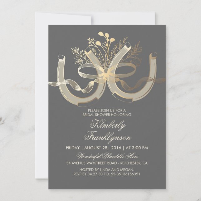 Rustic Country Horseshoes Gold Grey Bridal Shower Invitation (Front)